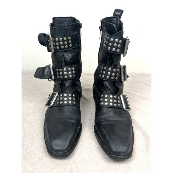 John Fluevog Black Leather Studded Buckle Biker Goth Boots Women's Size 9 - Picture 1 of 9